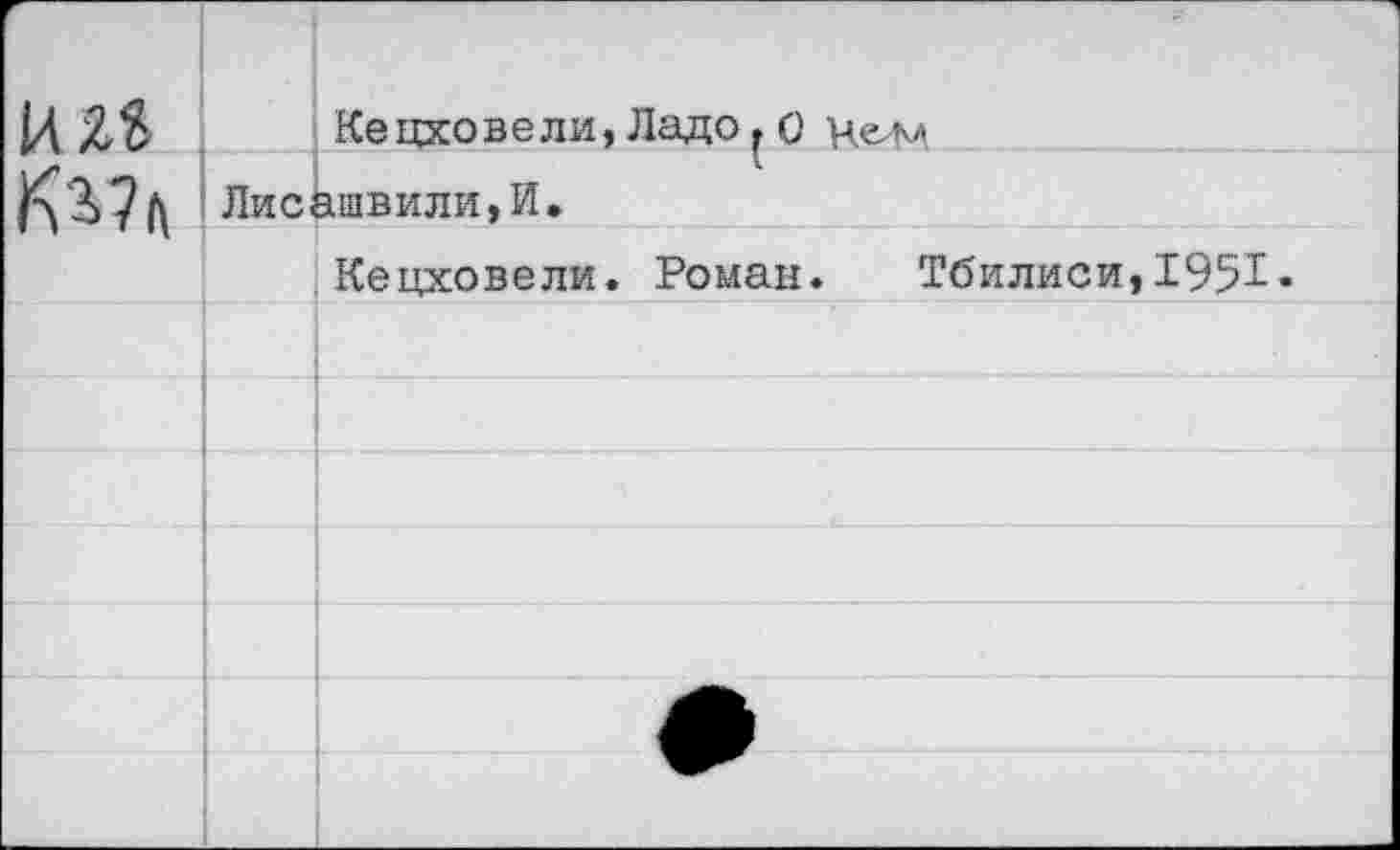 ﻿г 1Ш		Ке цховели, Ладо г 0 ашвили,И.
	Лис,	
		Кецховели. Роман. Тбилиси,1951«
		
		
		
		
		
		
		